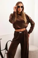 Kesi Włoski Dámsky súprava z velúru so širokými nohavicami a mikinou s kapucňou hnedý
