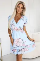 468-3 PATRIZIA dress with an envelope neckline, belt and short sleeves - light blue with roses