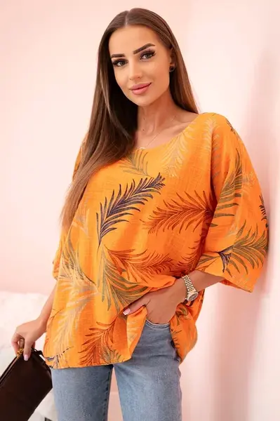 Kesi Włoski Dámska bavlnená blúzka s listami s vyhrnutými rukávmi oranžový