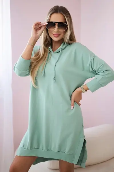 Dress with a hood and a long back in dark mint