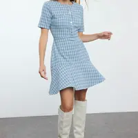 Trendyol Crew Neck Mini Tweed Woven Dress with Indigo Skirt Opening at the Waist