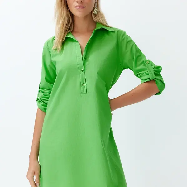 Trendyol Green Belted Midi 100% Cotton Beach Dress with Woven Ribbon Accessory