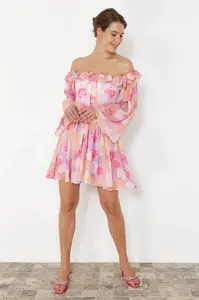 Trendyol Multicolored A-Line Lined Flounce Woven Chiffon Short Elegant Evening Dress