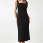 Happiness İstanbul Women's Vivid Black Zipper Strap Midi Denim Dress