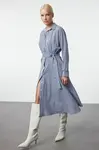 Trendyol Blue Belted Striped Midi Woven Shirt Dress