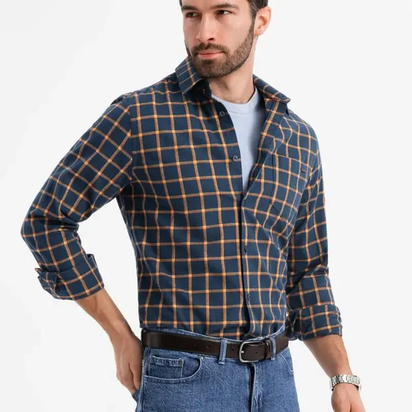 Ombre Men's plaid flannel shirt SLIM FIT - navy blue and orange