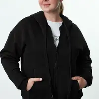 Trendyol Curve Black Hooded Plus Size Knitted Sweatshirt with Fleece Inside and Zipper on the Front