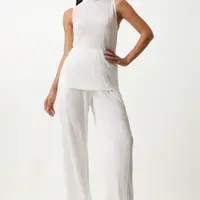 Happiness İstanbul Women's White Pleated Sleeveless Knitted Blouse Palazzo Pants Set