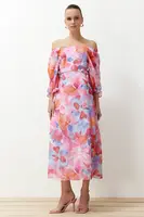 Trendyol Pink Floral Patterned A-Line Madonna Collar Chiffon Lined Maxi Woven Dress