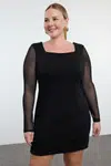 Trendyol Curve Black Square Neck Sleeves Tulle Knitted Plus Size Dres