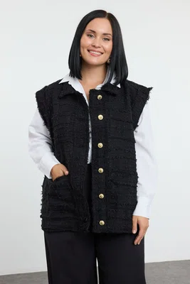 Trendyol Curve Black Pocket, Gold Button Pocket Tweed Large Size Woven Vest