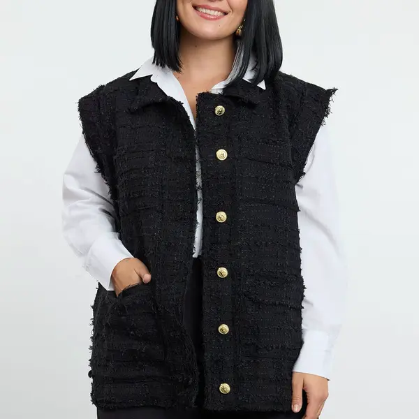 Trendyol Curve Black Pocket, Gold Button Pocket Tweed Large Size Woven Vest