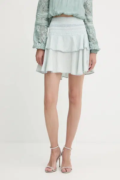 Sukně s příměsí lnu Guess TAINA modrá barva, mini, áčková, W5GD85 D5N81