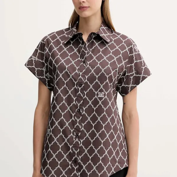 Bavlněná košile Max Mara Beachwear dámská, hnědá barva, regular, s klasickým límcem, 2516111029600