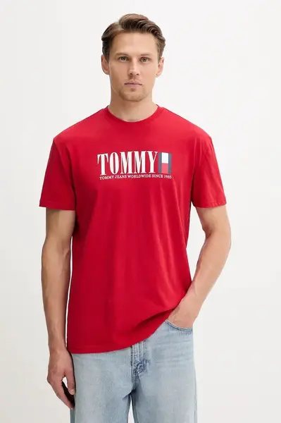 Bavlněné tričko Tommy Jeans pánské, červená barva, s potiskem, DM0DM21941