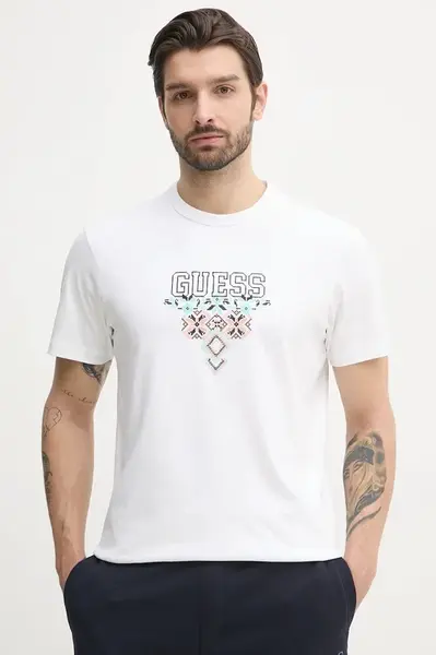 Bavlněné tričko Guess bílá barva, s aplikací, M5GI11 K8FQ4