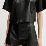 Kožené šortky Stand Studio Paulin dámské, černá barva, hladké, high waist, 66446-7870