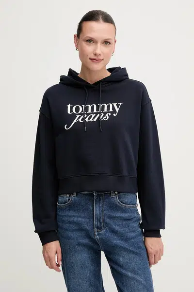 Bavlněná mikina Tommy Jeans dámská, tmavomodrá barva, s kapucí, s potiskem, DW0DW20306