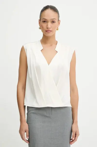 Hedvábná halenka BOSS dámská, béžová barva, hladká, 50548238