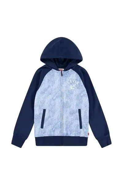 Dětská mikina Levi's TROMPE LOEIL DENIM HOODIE tmavomodrá barva, s kapucí, hladká, 9EM394