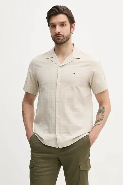 Košile s příměsí lnu Tommy Hilfiger pánská, béžová barva, regular, MW0MW38564