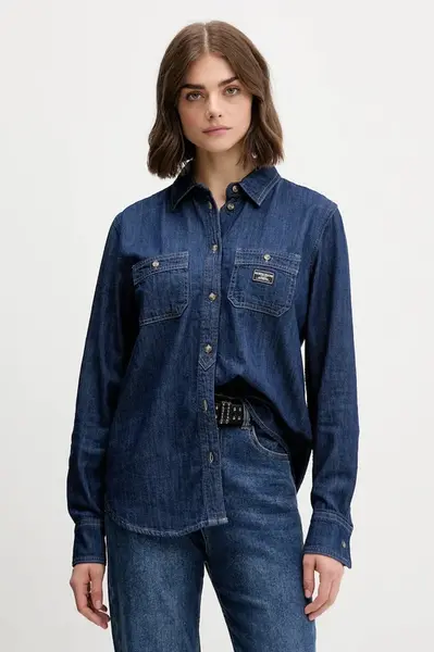 Džínová košile Guess Jeans dámská, tmavomodrá barva, regular, s klasickým límcem, W5YH37 D5M8D