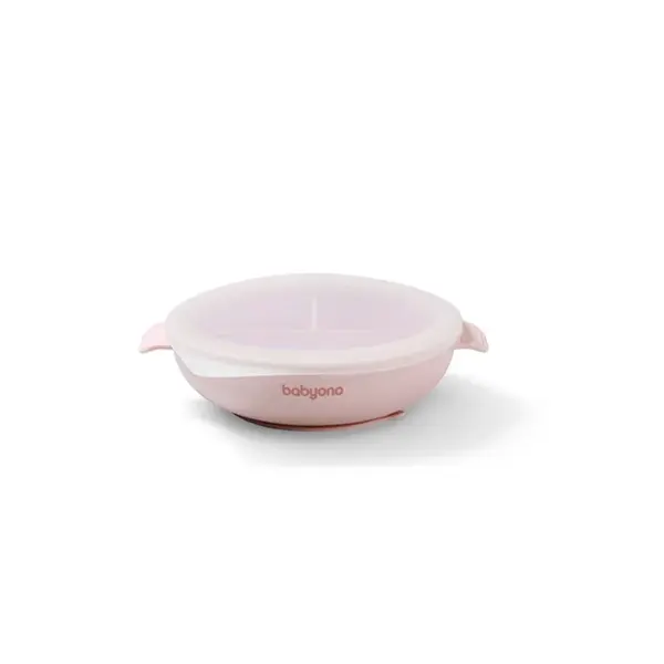 Babyono Silikonový talířek s přísavkou a víčkem  - růžový