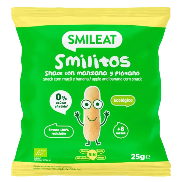 SMILEAT BIO Kukuričné chrumky banán a jablko s panenským olivovým olejom, 8M+ 25 g