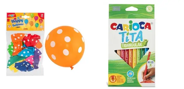 Farbičky Tita JUMBO nelámavé trojhranné pružné Carioca 12 ks-CARIOCA + WTOY Balóny guľaté bodkované, 30cm, 10ks -WTOY
