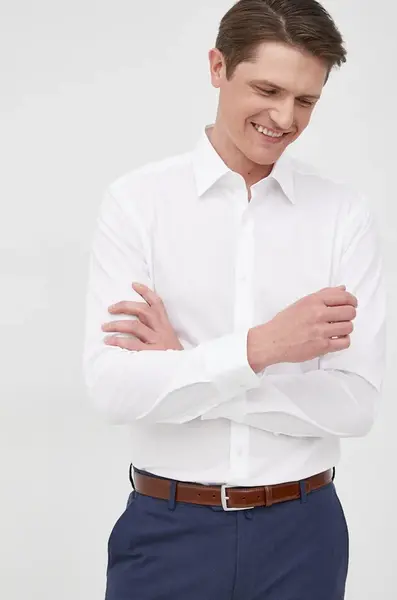 Košile BOSS pánská, bílá barva, slim, s klasickým límcem, 50469345