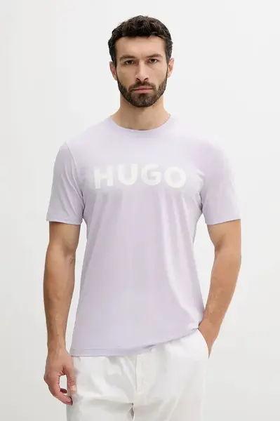 Bavlněné tričko HUGO černá barva, s potiskem, 50467556