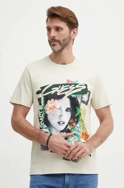 Bavlněné tričko Guess béžová barva, s aplikací, M4GI49 KBW41