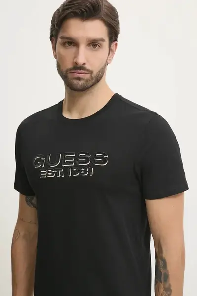 Bavlněné tričko Guess černá barva, s aplikací, M5RI50 K9RM1