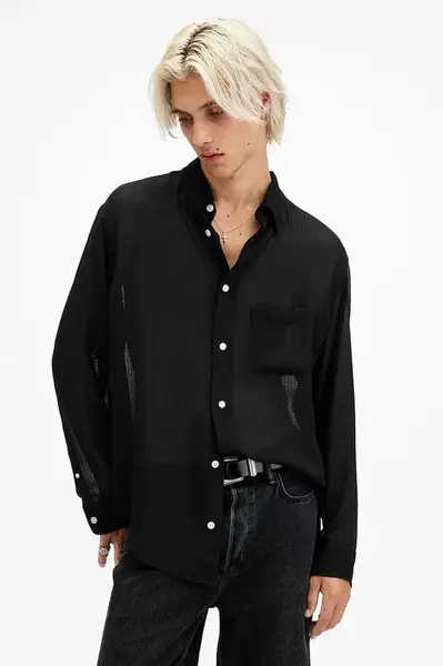 Košile AllSaints ANDO pánská, černá barva, relaxed, s klasickým límcem, M037SC