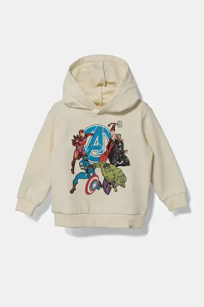 Dětská bavlněná mikina United Colors of Benetton béžová barva, s kapucí, s potiskem, 3PQMG2012