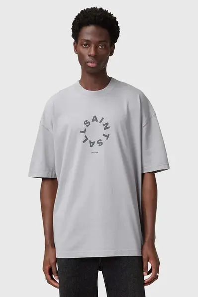 Bavlněné tričko AllSaints TIERRA SS CREW šedá barva, s potiskem, M072PB