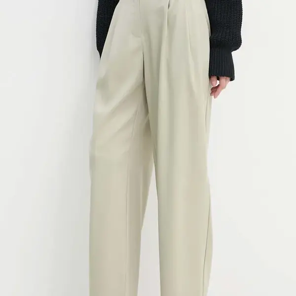 Vlněné kalhoty IRO zelená barva, široké, high waist, WP23ALLIRA