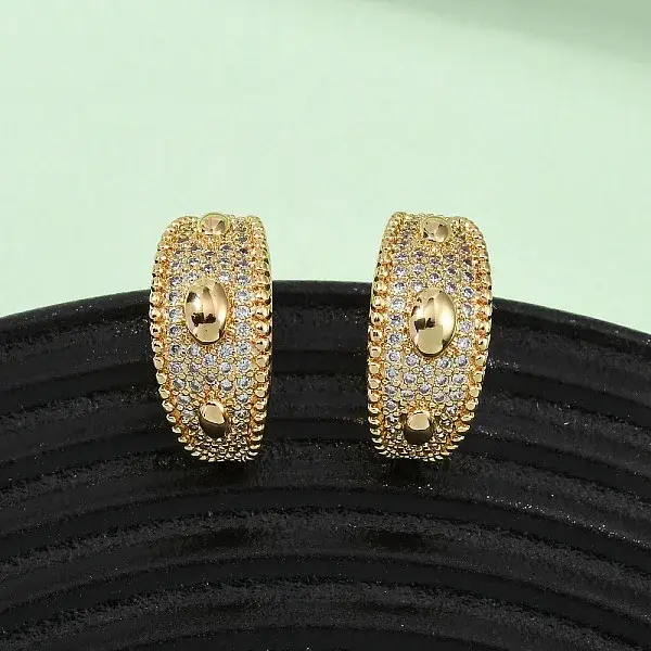 Brass Micro Pave Clear Cubic Zirconia C-Shaped with Oval Stud Earrings