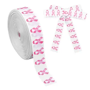 25 Yards Polyester Pink Breast Cancer Awareness Printed Grosgrain Ribbon