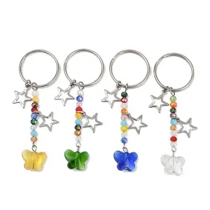 4Pcs Butterfly Glass Pendant Keychain
