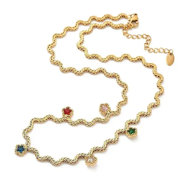 304 Stainless Steel Rope Chain Colorful Cubic Zirconia Tassel Necklaces for Women