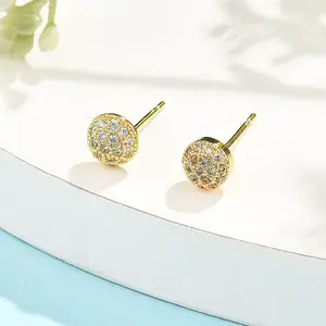 Flat Round Brass Micro Pave Clear Cubic Zirconia Stud Earrings