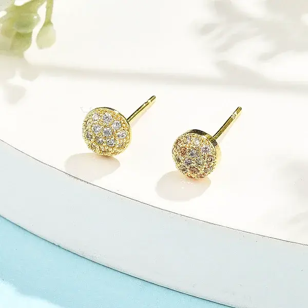 Flat Round Brass Micro Pave Clear Cubic Zirconia Stud Earrings