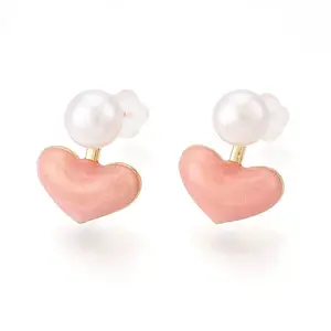 Heart Brass Natural Pearl Stud Earrings