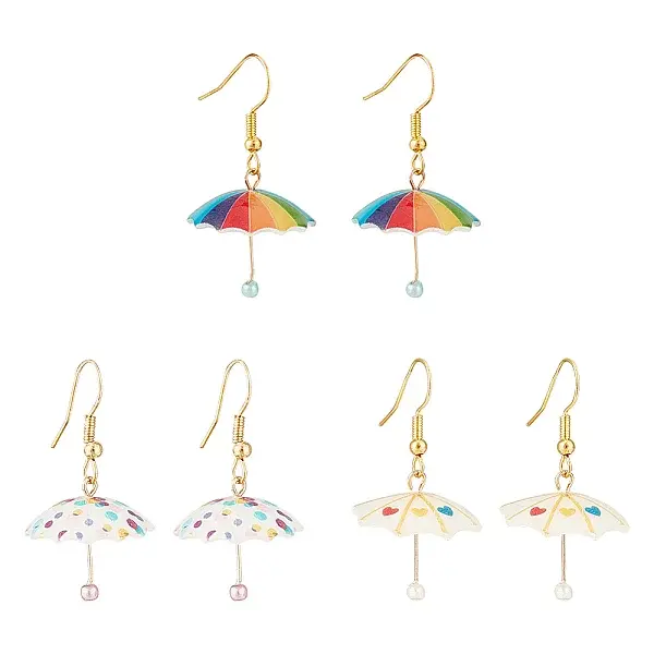 3 Pairs 3 Colors 3D Umbrella Acrylic Dangle Earrings