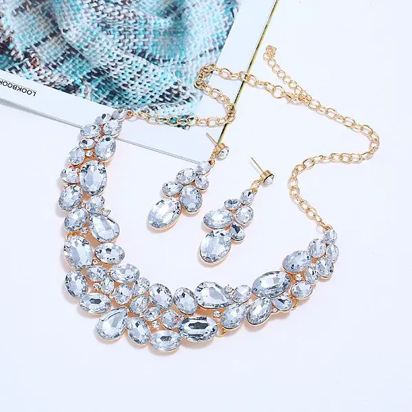 Oval Alloy Glass Stud Earrings & Bib Necklaces Sets for Women