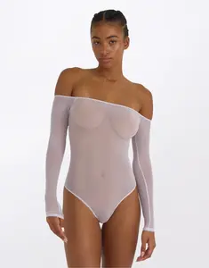 Tričko Organic Basics Mesh Off-Shoulder Bodysuit Soft Lilac