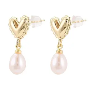 Brass Natural Pearl Dangle Stud Earrings