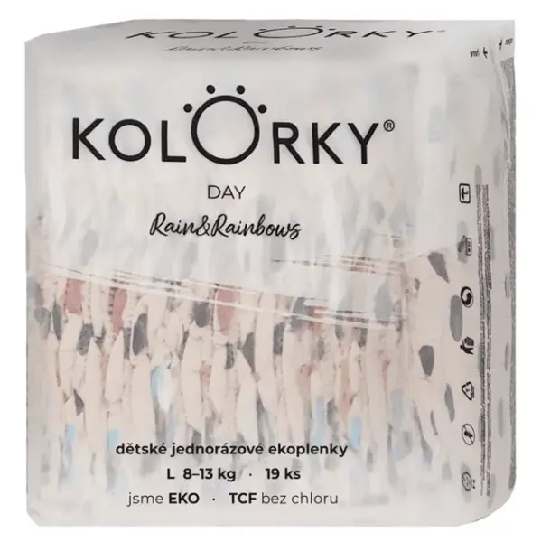 KOLORKY DAY Jednorázové EKO plenky déšť & duhy L (8-13 kg) 19 kusů, poškozený obal
