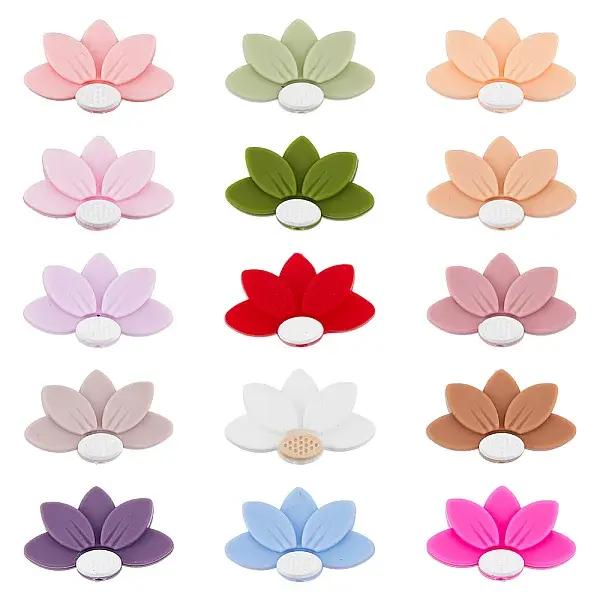 15Pcs 15 Colors Lotus Food Grade Eco-Friendly Silicone Beads